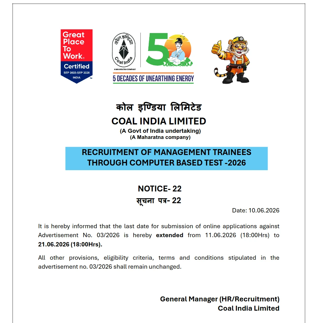 Coal India MT Recruitment 2026 Date Extension Notice Coal India MT Recruitment 2026 Date Extension Notice