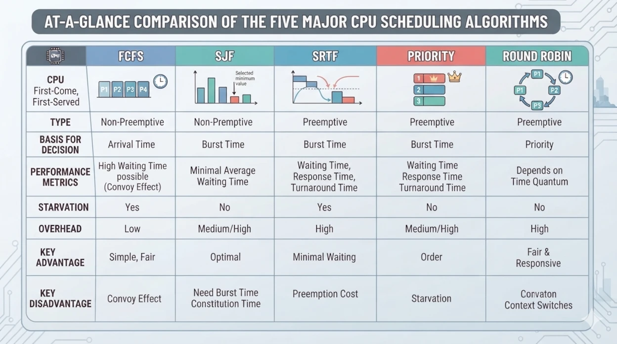 CPU scheduling algorithms comparison infographic - FCFS, SJF, SRTF, Priority, Round Robin