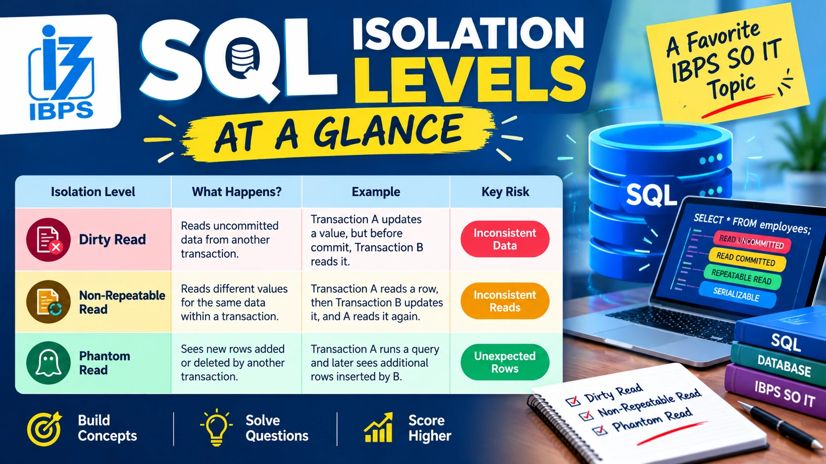 Table of SQL transaction isolation levels showing dirty read, non-repeatable read and phantom read Table of SQL transaction isolation levels showing dirty read, non-repeatable read and phantom read