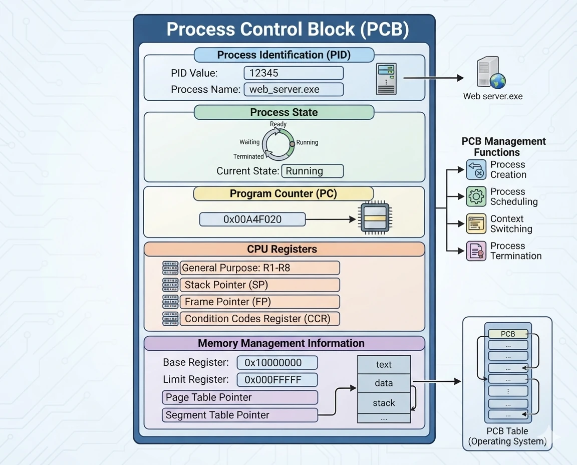 Process Control Block PCB structure diagram showing PID, state, program counter, registers, and memory info