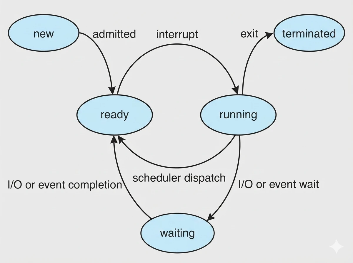 Process state diagram in operating system showing New, Ready, Running, Waiting, and Terminated states