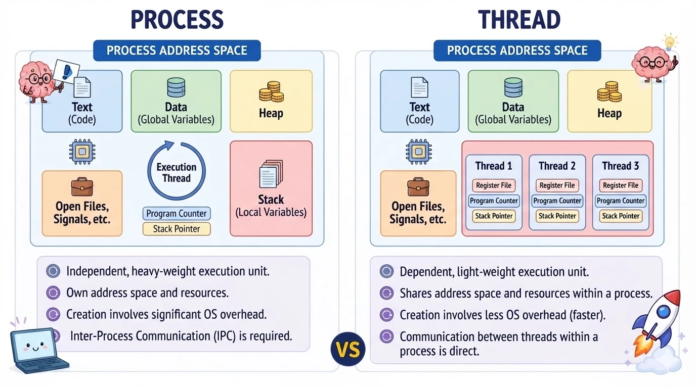 Process vs Thread diagram comparing address space, resources, and execution state