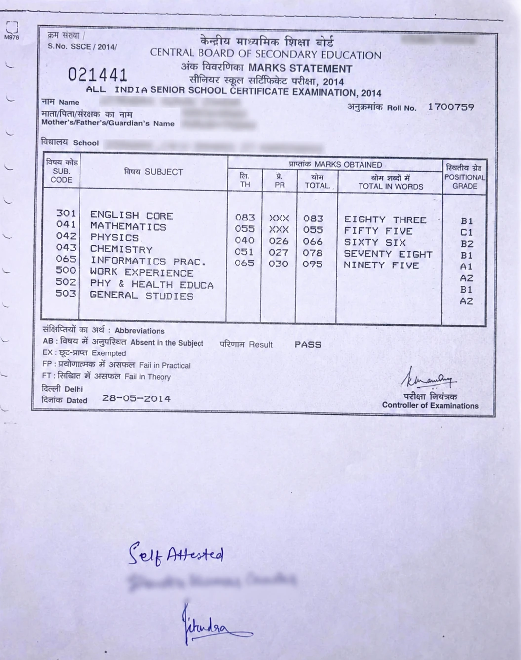 Sample of Self Attested Marksheet Sample of Self Attested Marksheet