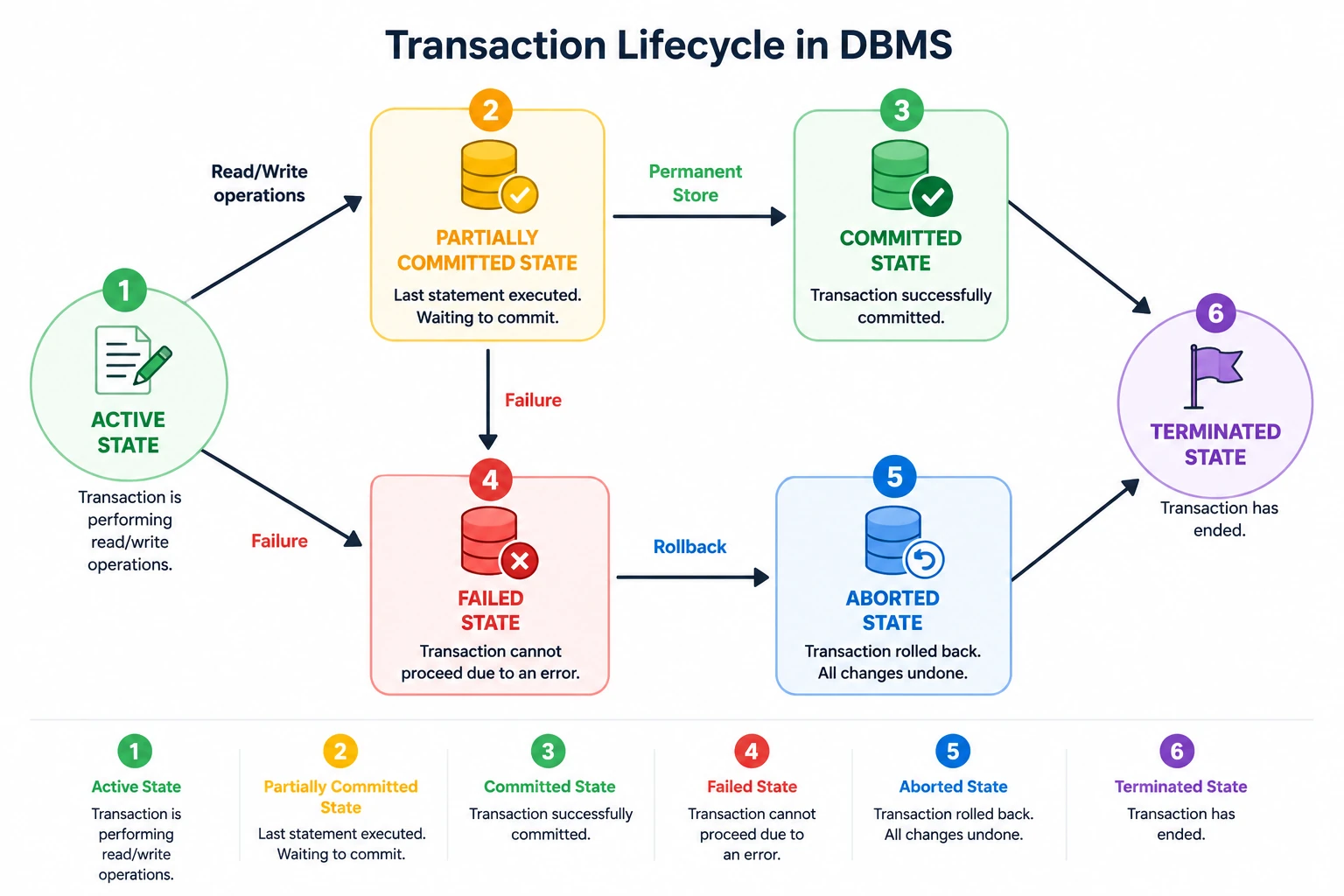 DBMS Transaction Lifecycle: Active to Partially Committed to Committed, or Failed to Aborted DBMS Transaction Lifecycle: Active to Partially Committed to Committed, or Failed to Aborted
