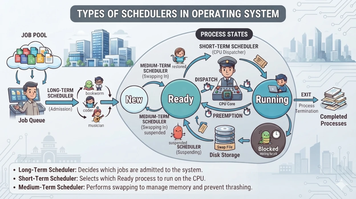 Types of schedulers in operating system - long-term, short-term, and medium-term scheduler flow